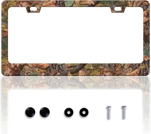 Marco de matrícula de camuflaje con diseño de camuflaje de bosque, personaliza acero inoxidable, divertido diseño compatible con soporte estándar