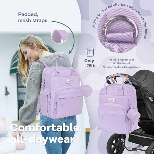 Miniatura 6 de RUVALINO Mochila para Pañales, Paquete de Viaje Multifunción Bolsas de Cambio para Maternidad y Bebé, Gran Capacidad, Impermeable, Morado Taro