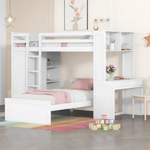 Miniatura 14 de RUNNA Litera matrimonial sobre individual con escritorio, cajones y escaleras, litera de madera maciza para niños, niñas, adolescentes y adultos