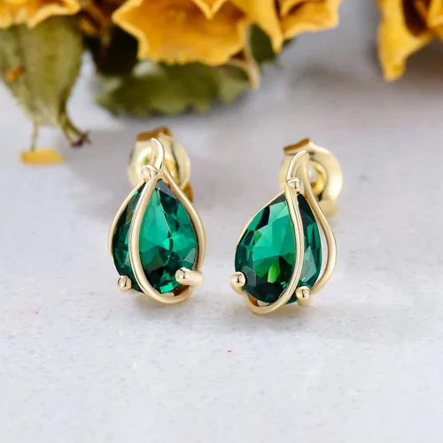 Miniatura 2 de MUUYON Aretes de esmeralda de oro sólido de 14 quilates con parte trasera forma de pera de oro real aretes de esmeralda creados de 0197 x 0276in