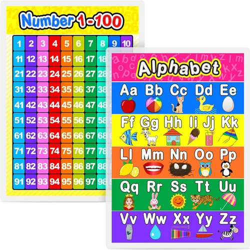 Blulu Póster laminado preescolar para niños pequeños y niños, 2 piezas de póster laminado completo del alfabeto y número 1-100 para guardería,