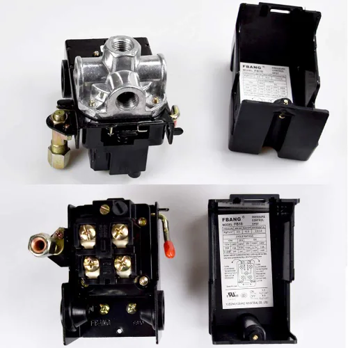 Miniatura 2 de Válvula de control del interruptor de presión del compresor de aire, 90-120 PSI con regulador y manómetro, 4 puertos 1/4" NPT con válvula