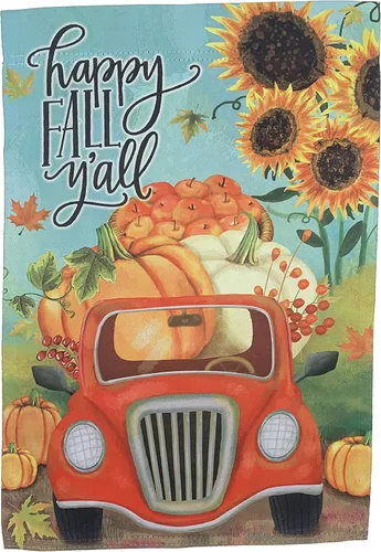 Bandera de jardín Happy Fall Y'all – 12 x 18 pulgadas, doble cara, decoración de otoño, Halloween, cosecha de otoño, decoración de Acción de Camión