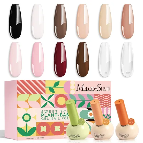 MelodySusie Juego de esmaltes de uñas de gel altamente pigmentados, 10 colores clásicos nude con 2 capas superior y base, fórmula a base de plantas