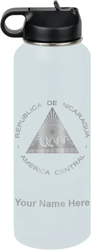 Miniatura 16 de LaserGram Botella de agua personalizada, bandera de Nicaragua, acero inoxidable de doble pared aislada al vacío con popote superior, regalo grabado