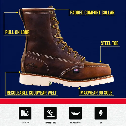 Miniatura 3 de Thorogood American Heritage - Botas de trabajo con punta de acero de 8 pulgadas para hombre, cuero de grano completo con puntera de mocasín, suela