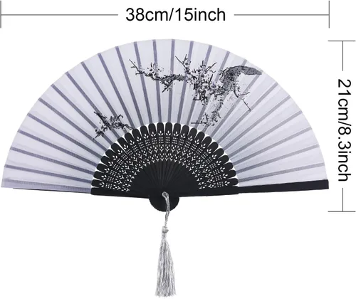 Miniatura 2 de Zonon Paquete de 4 abanicos plegables florales de mano, abanicos de bambú de seda con borla para mujer, ventilador plegable de mano ahuecado