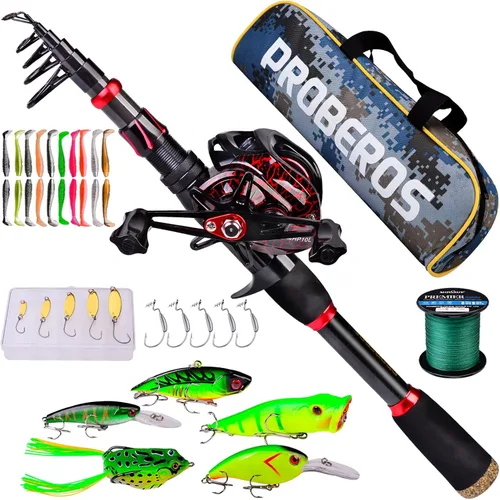 Combo de caña de pescar y carrete, caña de pescar telescópica de fibra de carbono de 6.9 pies con combo de carrete de spinning/baitcasting, agua B: