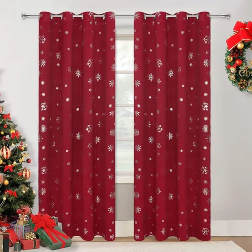 Miniatura 13 de FRAMICS Cortinas de Navidad con estampado de copos de nieve dorados en papel de aluminio, cortinas opacas con aislamiento térmico para sala de estar