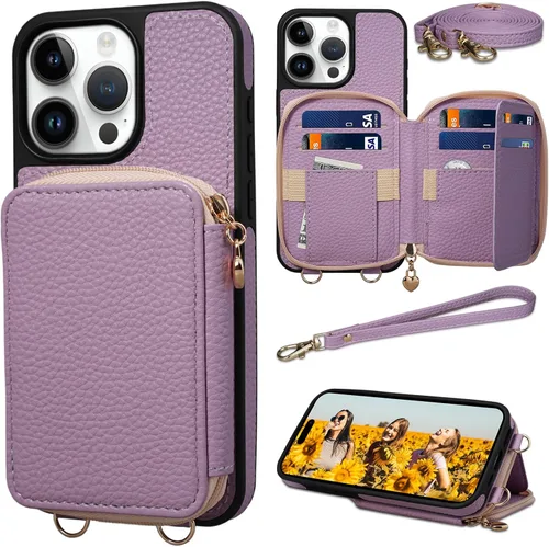 Miniatura 8 de Funda compatible con iPhone 15 Pro Max de 6.7 pulgadas, cremallera cruzada con ranuras para tarjetas de bloqueo RFID, soporte, cordón y correa