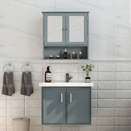 Miniatura 4 de Basicwise Espejo gris montado en la pared baño y tocador con estantes ajustables, gris, (QI004020.GY)