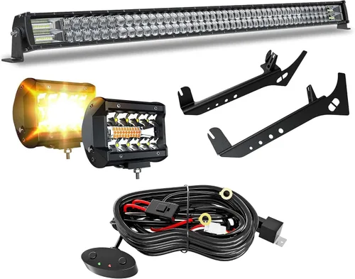 Compatible con 18-22 Jeep Wrangler JL / 20-22 Gladiator JT - Barra de luz LED de 52 pulgadas con vainas LED de 4 pulgadas en blanco/ámbar