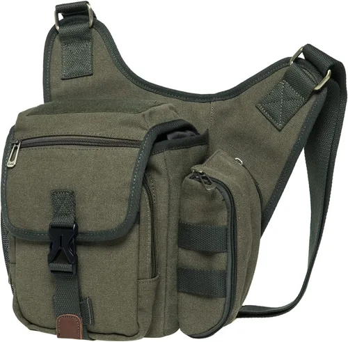 Miniatura 3 de Bolso de mensajero de lona vintage para hombre, bolso de mensajero de retazos de cuero en el pecho 3-4-verde militar