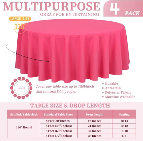 Miniatura 2 de Showgeous Paquete de 4 manteles redondos color rosa intenso de 120 pulgadas de poliéster para mesas redondas, manteles de tela decorativa lavable