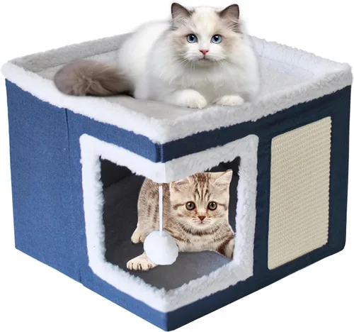 Miniatura 9 de Cama para gatos de interior, casa cubo, cama grande cubierta para gatos, cueva y muebles con bola esponjosa y almohadilla para rascar, nido
