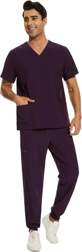Miniatura 3 de COZYFIT Conjunto de ropa quirúrgica para hombre camiseta elástica con cuello en V y pantalón deportivo con 8 bolsillos, cintura de yoga, ropa