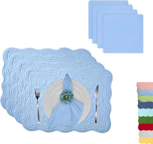 Miniatura 9 de Juego de 4 manteles individuales acolchados de algodón con servilletas a juego, manteles de mesa y servilletas de tela 100% algodón, juego de 8