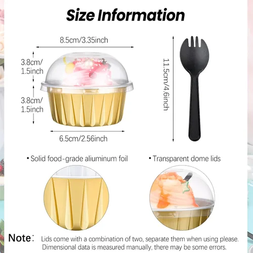Miniatura 4 de 200 juegos de forros para cupcakes de 5 onzas con tapas de cúpula y cucharas, mini moldes de aluminio para tartas, moldes para hornear, moldes Dorado