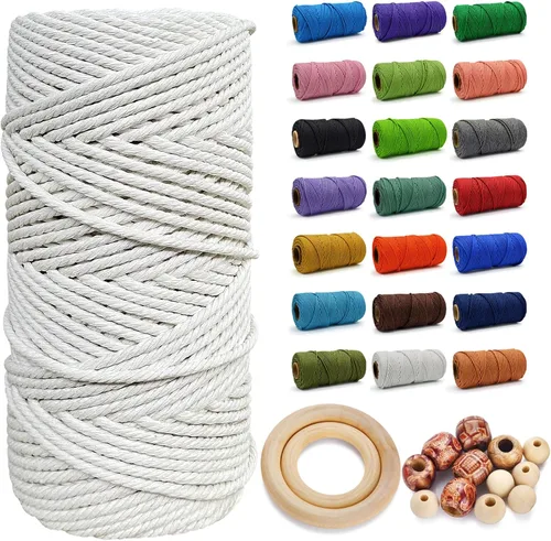 Miniatura 60 de Cuerda de Algodón 8mm x 20 Yardas - Cuerda de Macramé Natural Sin Blanquear - Cuerda de Algodón Trenzada de 3 Hilos para Colgar en la Pared, Blanco
