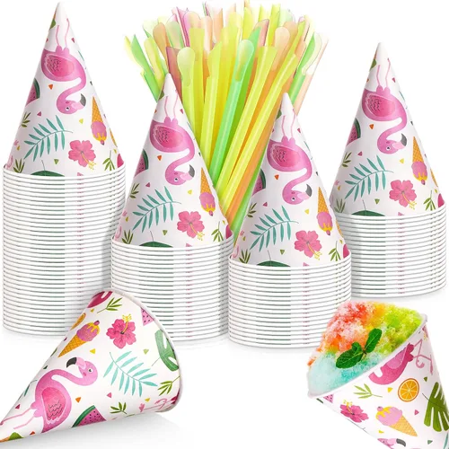 Miniatura 6 de Boao Juego de 100 tazas de cono de nieve de 4.5 onzas y pajitas de papel desechables, jarabe, lunares dorados, a prueba de fugas, suministros