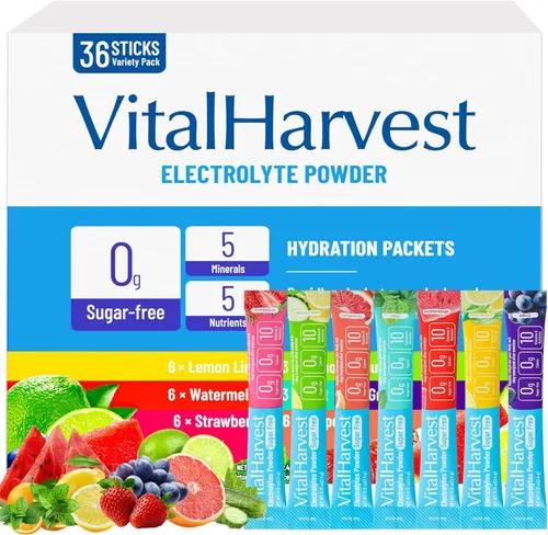 36 sobres de polvo de electrolitos en stick 7 sabores sobres de hidratación sin azúcar mezcla para bebida diaria IV, bajo en sodio, limón-lima,