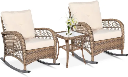 Miniatura 13 de VIVIJASON Mecedora de mimbre para exteriores, silla mecedora de ratán para patio con cojines y marco de acero, muebles de mimbre mecedores
