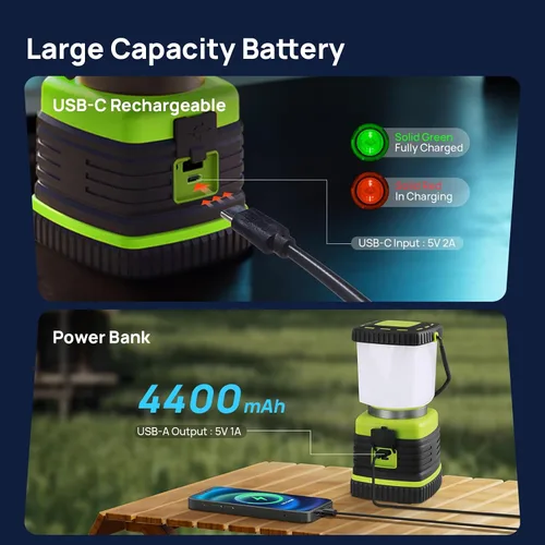 Miniatura 4 de Linterna LED de campamento recargable, luces de campamento Consciot 1000 lm, 4 modos de luz, banco de energía de 4400 mAh, IPX4 impermeable, luces