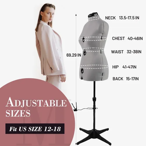 Miniatura 3 de Formas de vestido para costura, maniquí femenino gris ajustable talla 12-18, cuerpo de modelo que se puede sujetar con alfileres con 13 diales