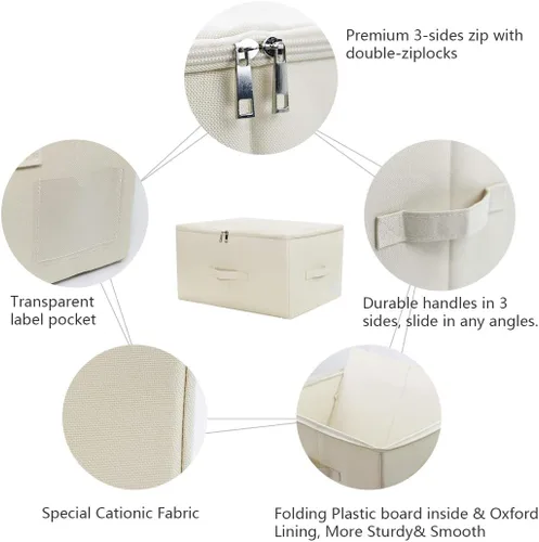 Miniatura 4 de iwill CREATE PRO Paquete de 3 cajas de almacenamiento plegables beige con tapa con cremallera, contenedores organizadores rígidos plegables