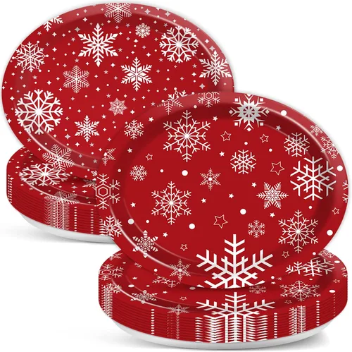 Miniatura 16 de 50 platos de papel ovalados de guinga rojo y verde de Navidad grandes de 11 pulgadas, desechables, decoraciones de fiesta temática de Navidad
