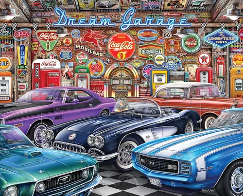 Springbok - Dream Garage - Rompecabezas de 1000 piezas con muscle cars clásicos Multicolor