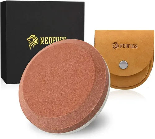 NedFoss - Herramienta para afilar hachas con funda de cuero, piedra afiladora de disco para hachas y herramientas, piedra de afilar de doble grano