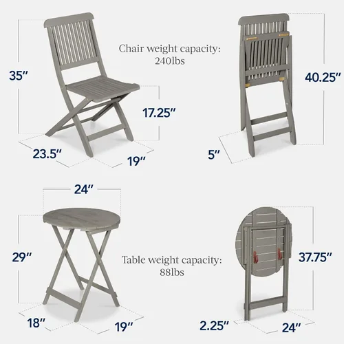 Miniatura 2 de Best Choice Products Juego de 3 piezas de madera de acacia, muebles de patio plegables para patio trasero, balcón, terraza con 2 sillas, mesa de Gris