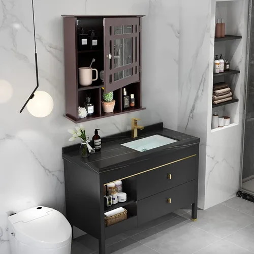 Miniatura 2 de GOFLAME Botiquín de baño con espejo, organizador de almacenamiento colgante montado en la pared con estante ajustable, gabinete de almacenamiento