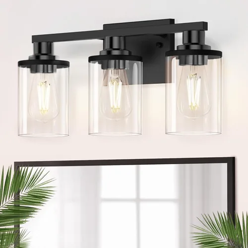 Miniatura 29 de DORESshop Lámparas de baño, 3 luces negras y doradas para baño sobre espejo con pantalla de vidrio transparente, luces de tocador para baño, Negro