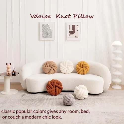 Miniatura 2 de Almohada de Nudo Blanco Crema de 13.7'' Almohada Redonda Decorativa de Felpa Suave Almohada de Bola de Nudo Almohada Anudada Hecha a Mano Cojín
