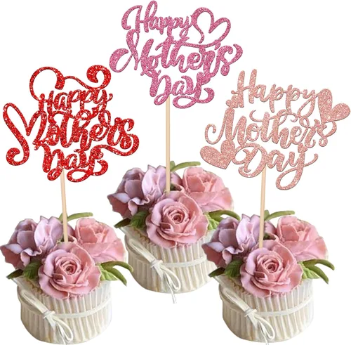 Miniatura 22 de Rsstarxi 1 paquete de decoración para pastel con flores de purpurina con doble corazón Love Mom Best Mom Best Mom Cake Pick Decoraciones para feliz