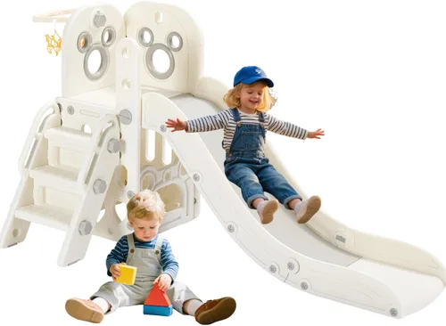 MAMIZO Tobogán 6 en 1 para niños pequeños, tobogán extra largo para niños, juego de escalada para interiores y exteriores, con aro de baloncesto y