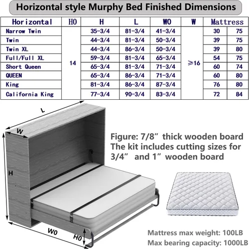 Miniatura 3 de (Horizontal, estrecho individual/individual/individual XL crea una cama de lujo Easy Murphy Kit de hardware de cama, flotar en la barra hidráulica