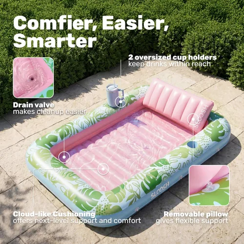 Miniatura 4 de Flotador inflable para piscina de bronceado Sloosh, 70" x 46" flotadores de piscina para adultos con almohada, balsa de tina de bronceado de 4 en 1