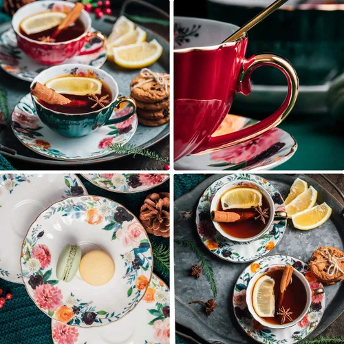 Miniatura 5 de A-SZCXTOP Taza de té de porcelana, juego de 2 tazas de café expreso (8 onzas) con platillos y cucharas, caja de regalo, juego de tazas de café