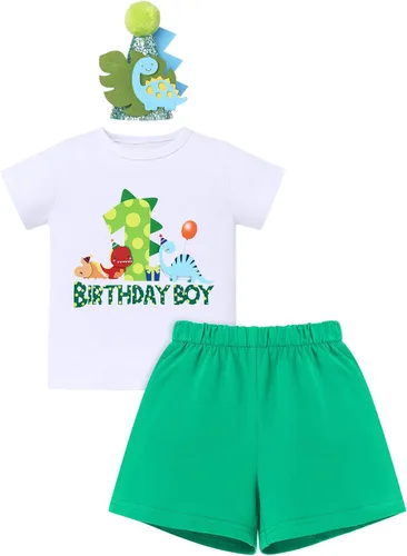 Miniatura 14 de ODASDO Conjunto de camiseta de manga corta para bebé, diseño de dinosaurio, 1º, 2º y 3º cumpleaños