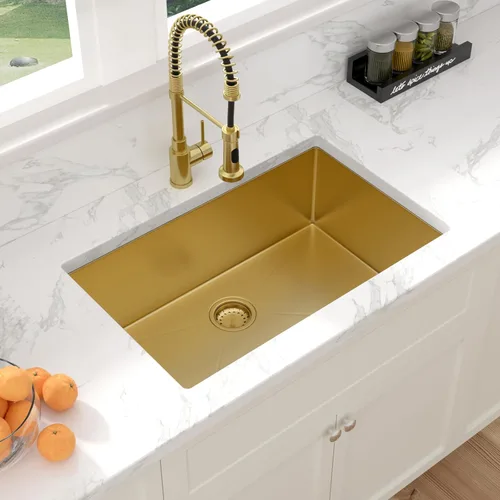 Miniatura 4 de Sarlai Gold Fregadero de Cocina Empotrado - Fregadero de Cocina de 28 Pulgadas Empotrado de Acero Inoxidable Dorado Tazón Individual de 28" x 19