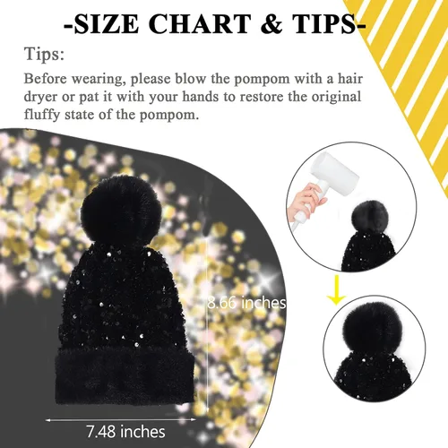 Miniatura 2 de Gorro de invierno para mujer, gorro de punto con piel sintética extraíble, pompón y lentejuelas