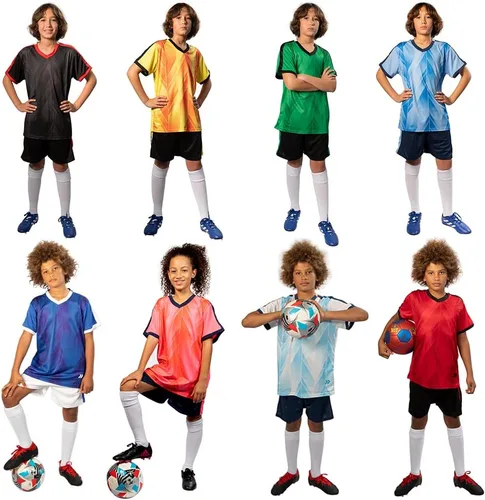 Miniatura 6 de PAIRFORMANCE Conjunto de camisetas de fútbol para niños y niñas de 6 a 12 años de edad, camisetas y pantalones cortos de fútbol para interiores