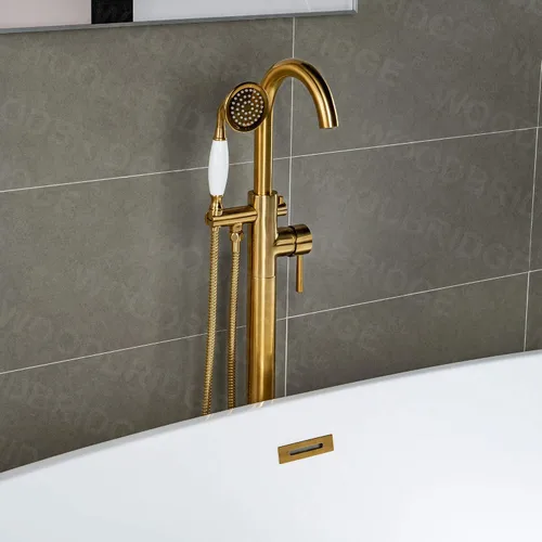 Miniatura 13 de WOODBRIDGE Grifo de llenado de bañera independiente contemporáneo de una sola manija con ducha de mano en acabado dorado cepillado, F0007-BGVT