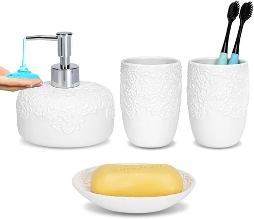Miniatura 8 de Juego de accesorios de baño, 4 piezas de cerámica con diseño en relieve, dispensador de jabón de baño de 13.5 onzas y 2 vasos de cerámica, 1 jabonera