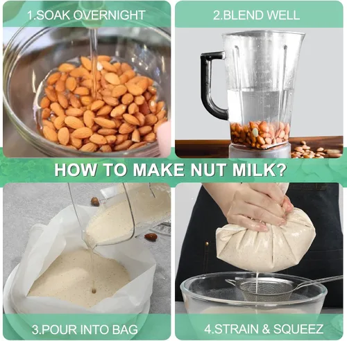 Miniatura 6 de Paquete de 3 bolsas de leche de nuez de 14 x 14 pulgadas, extra grandes, reutilizables, coladores de alimentos, bolsas de nueces para colar leche