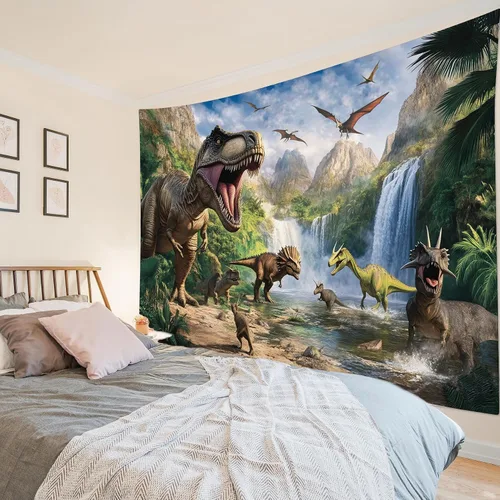 Miniatura 4 de HVEST Tapiz de dinosaurio salvaje y antiguo depredador para colgar en la pared, bosque tropical con árboles verdes y montañas, tapices de pared