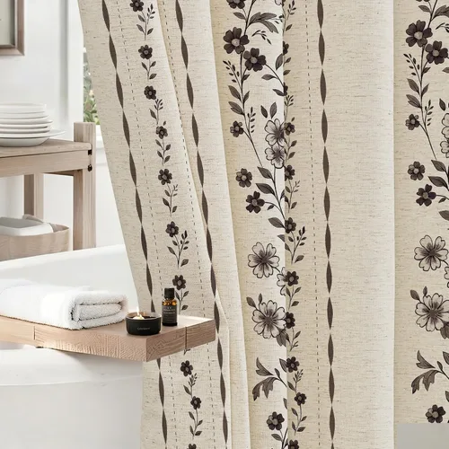 ORTIGIA Cortinas de ducha negras para baño, juego de cortina de ducha moderna de lino con ganchos de metal, floral, impermeable, vintage, tela